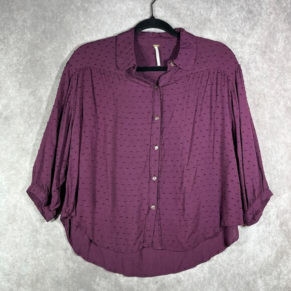 Free People Tops - Free People‎ Clip Dot Dobby Sparrow Top Women Small Purple Button Up 3/4 Sleeve